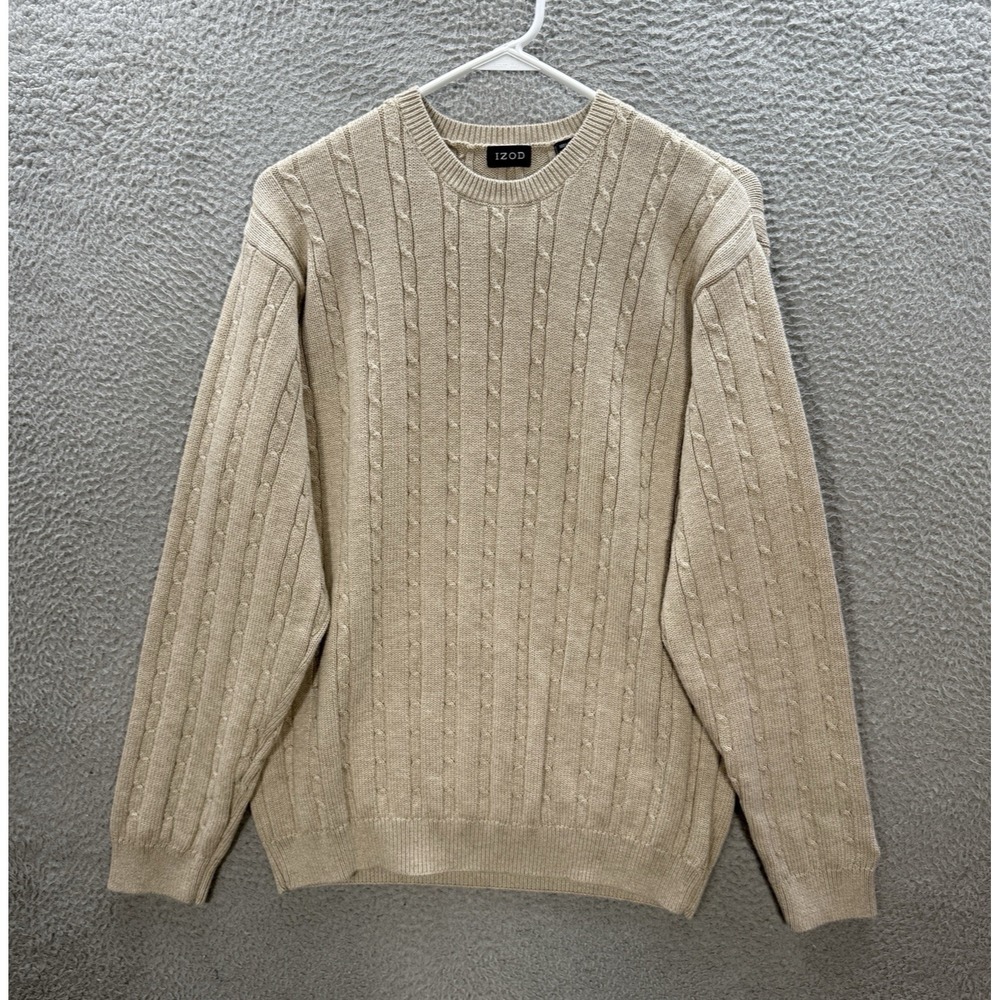 Vintage Izod Sweater Adult XL Tan Cable Knit Crewneck Pullover Old Money Y2K